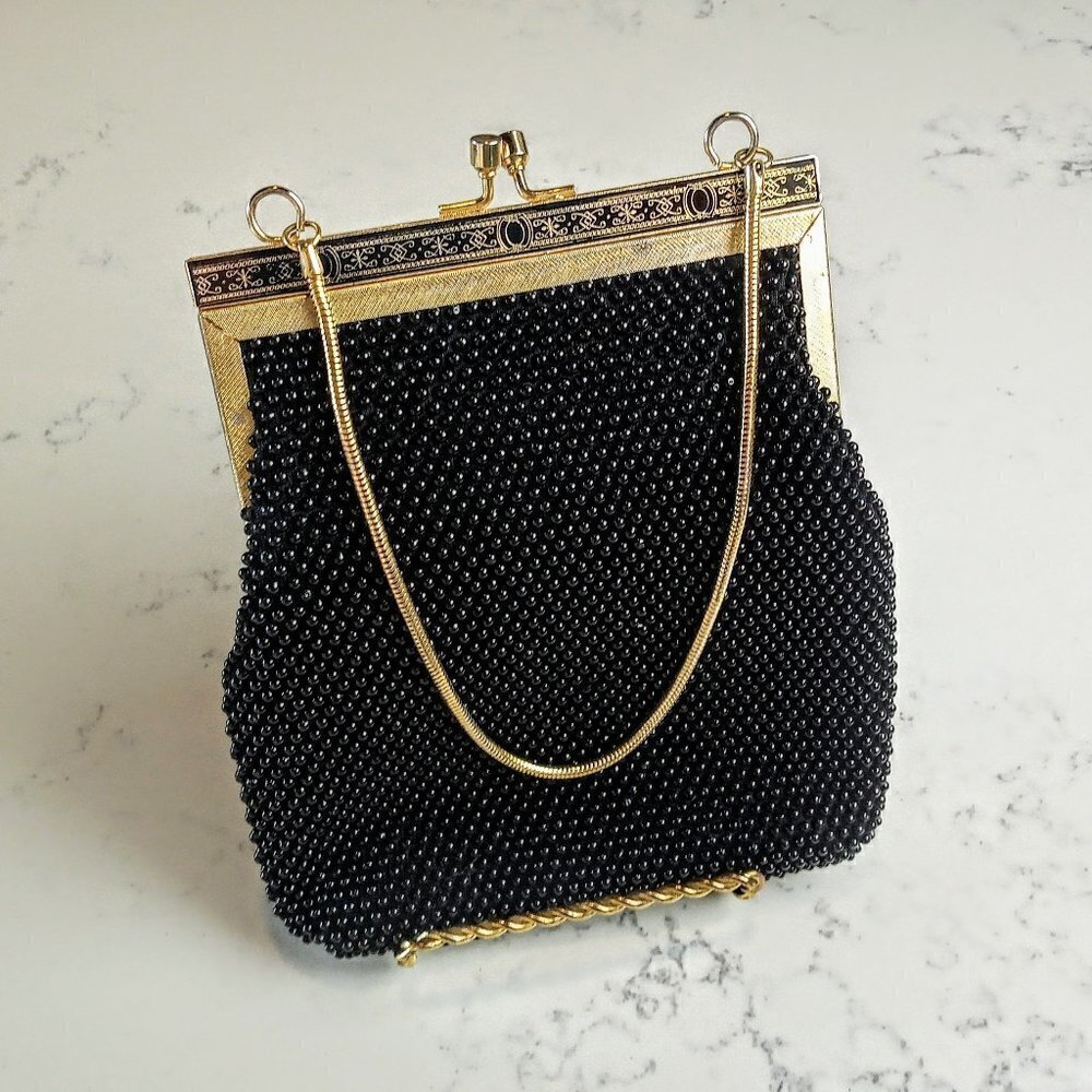 Vintage Black & Gold Beaded Metal Frame Bag